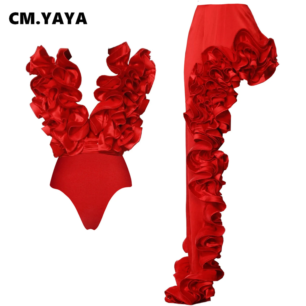 CM.YAYA Women Ruffled Asymmetrical V-Neck Bodysuit and Long Skirt Set