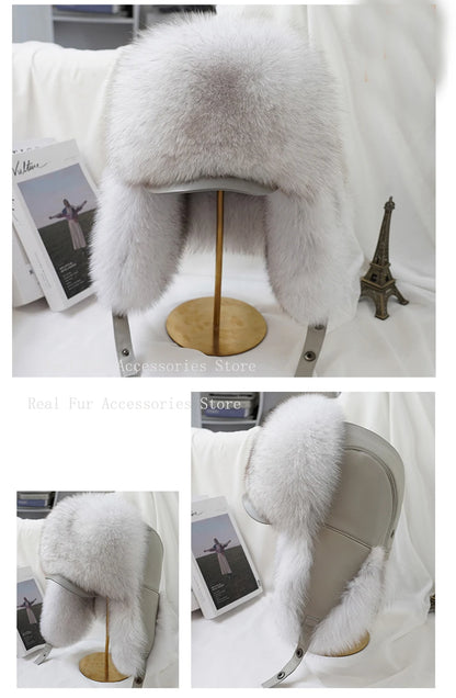 Men's Real Silver Fox Fur Bomber Hat