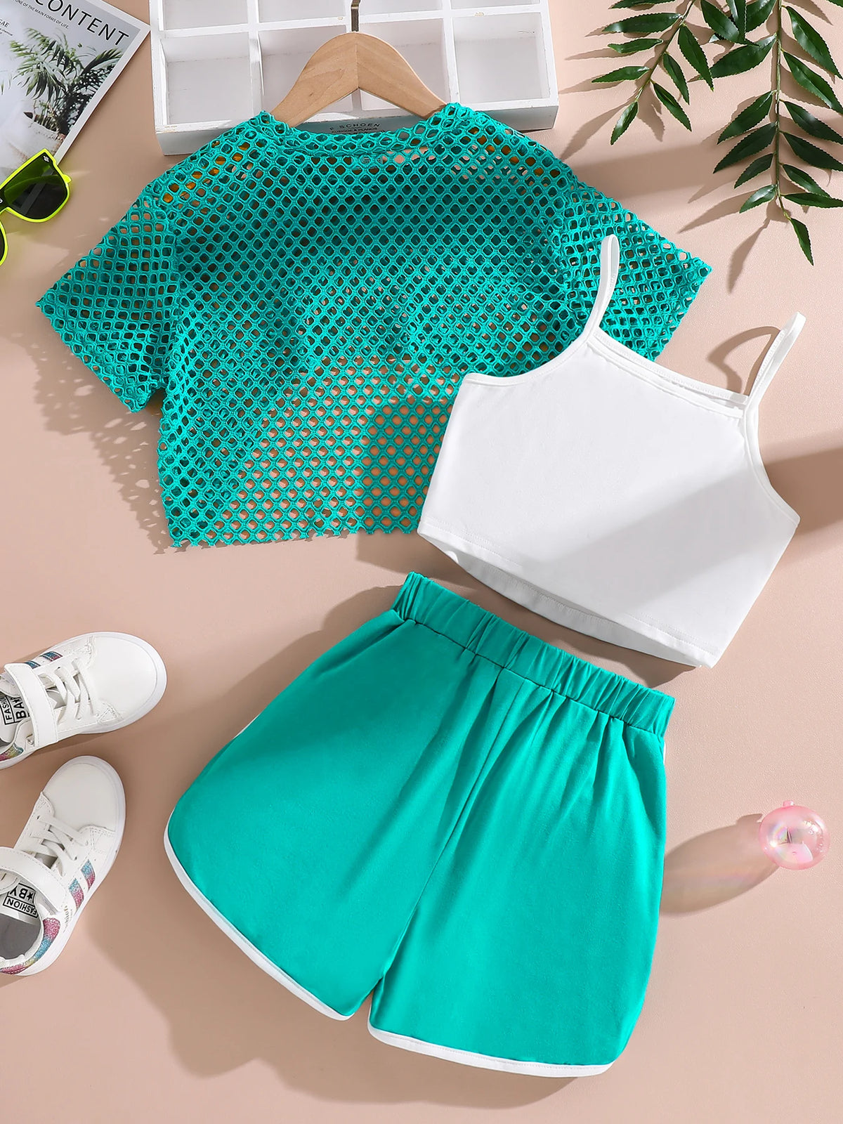 Summer Girls' 3-Piece Fashion Set with Mesh T-Shirt and Shorts