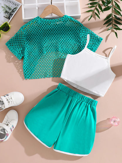 Summer Girls' 3-Piece Fashion Set with Mesh T-Shirt and Shorts