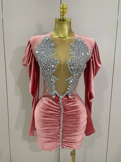 White Velvet Sexy Mesh Short Dress with Crystals