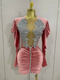 White Velvet Sexy Mesh Short Dress with Crystals