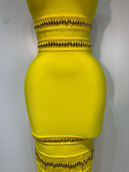 Women Sleeveless Square Collar Tassel Bodycon Dress