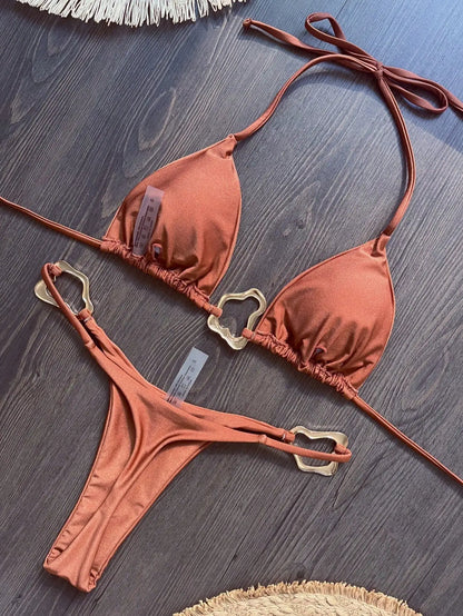 Halter Neck Micro Bikini Set Women Solid Swimwear