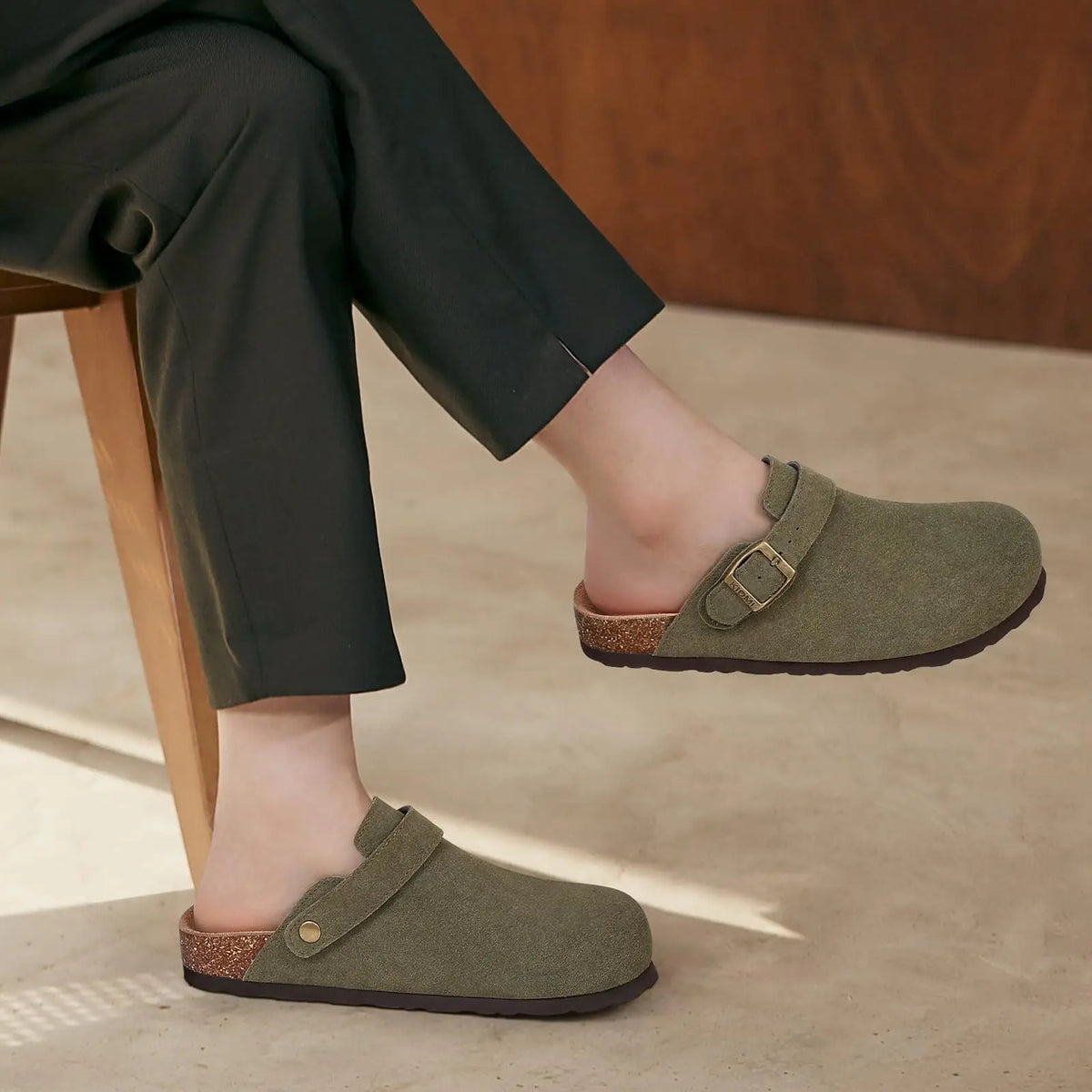 Genuine Leather Clogs with Cork Footbed for Women