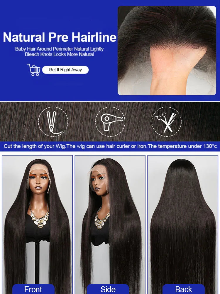 40 Inch Bone Straight Human Hair Wig Brazilian Lace Front Wig
