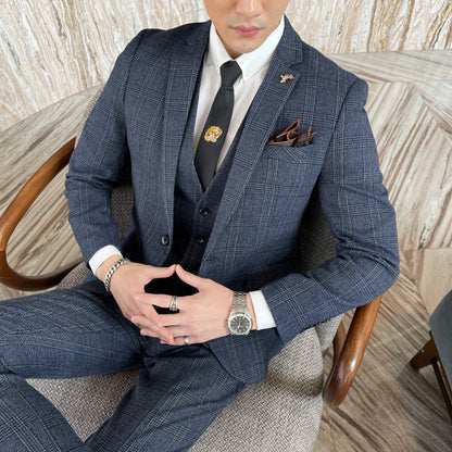 Modified Plaid Three-Piece Suit for Men