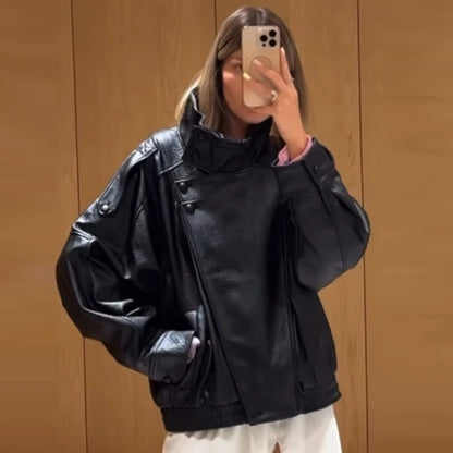 HXAO Black Faux Leather Cropped Bomber Jacket