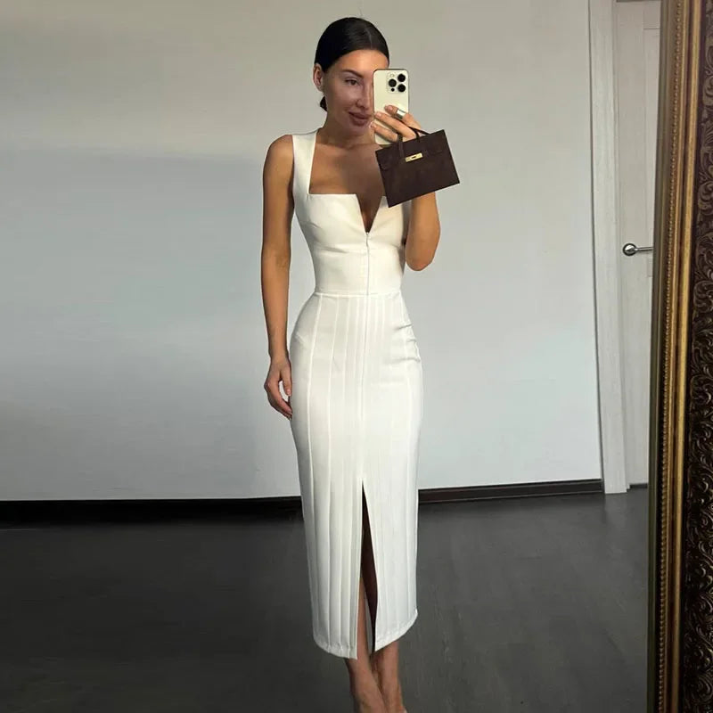 Solid Square Neck Midi Dress Women Zip Up Sleeveless