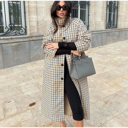 Reversible Plaid Long Trench Coat Women Single Breasted