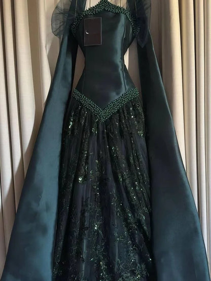 Luxury Satin Evening Dress with Sequins and Sweetheart Neckline