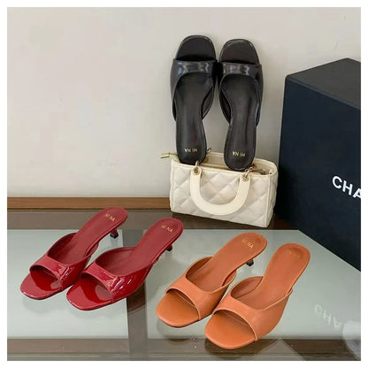 Thin High Heels Open Toe Slides Women Patent Leather Sandals