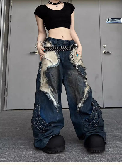 Vintage Distressed Wide Leg Cargo Jeans for Women
