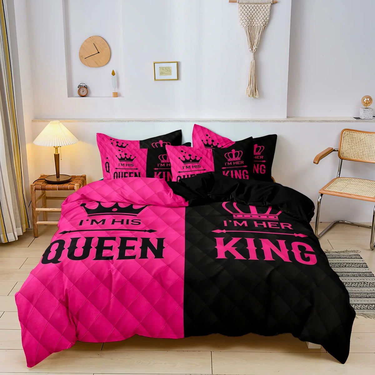 3pcs King and Queen Printed Duvet Cover Set Pink Black