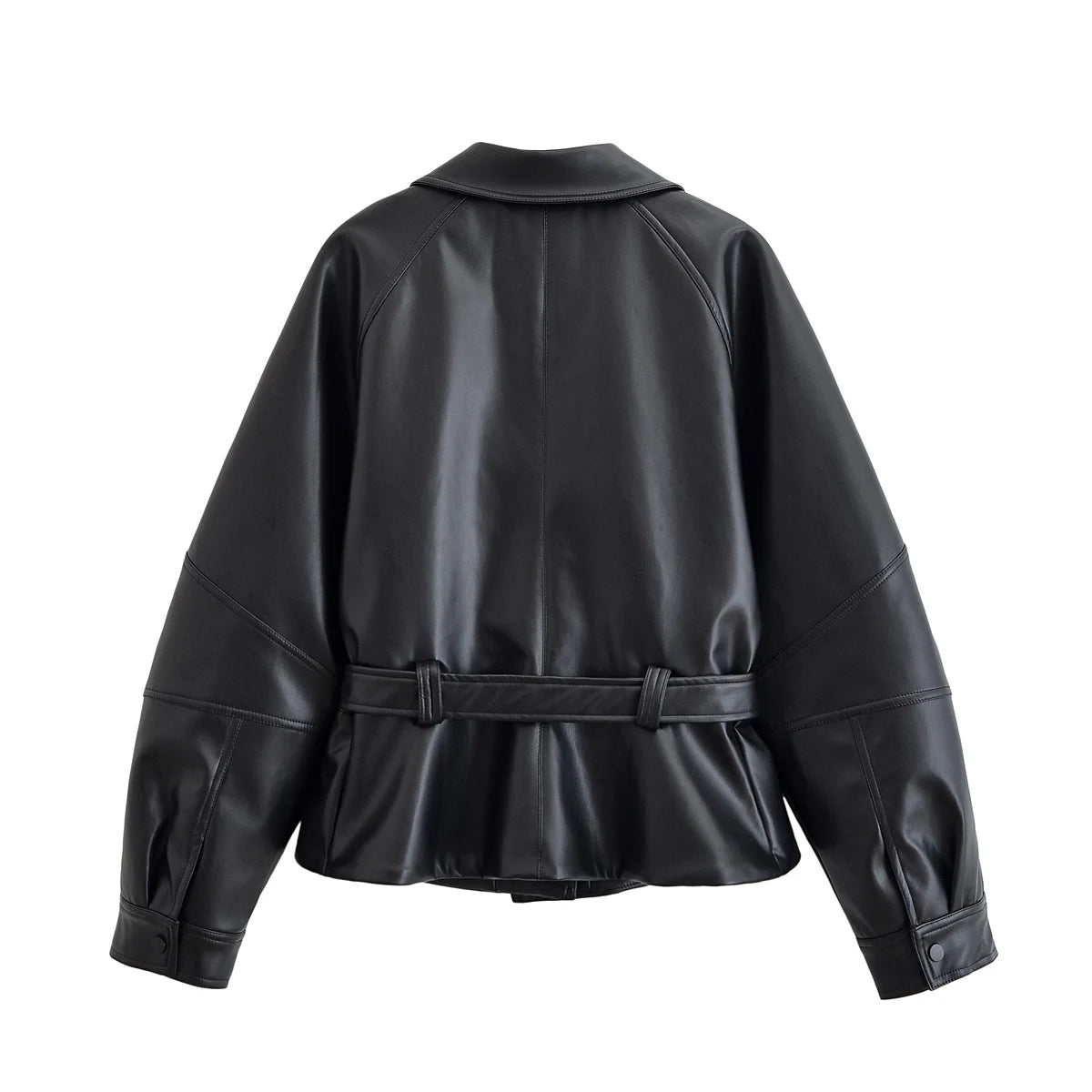 Black Faux Leather Vintage Trench Coat for Women