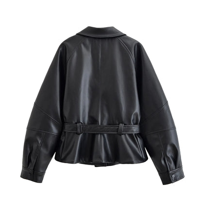 Black Faux Leather Vintage Trench Coat for Women