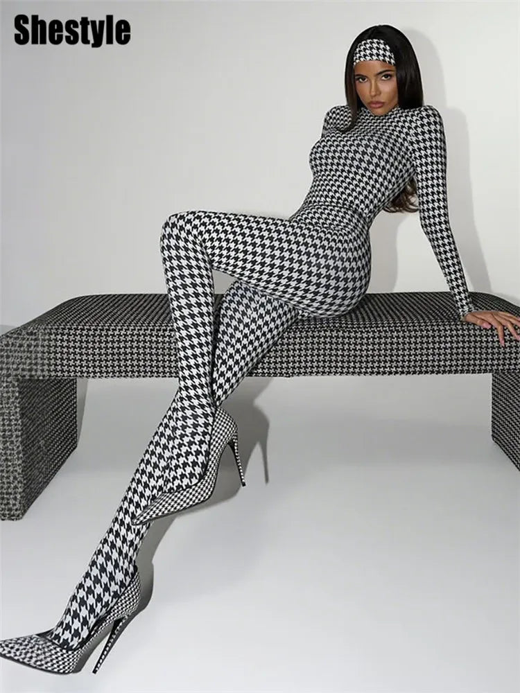 Plaid Bodycon Jumpsuit Women Turtleneck Fitness Clothing