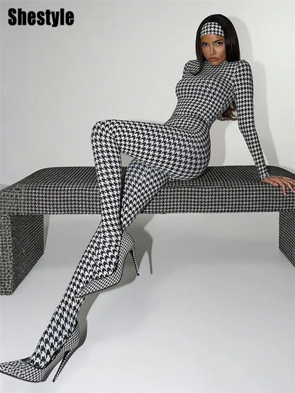 Plaid Bodycon Jumpsuit Women Turtleneck Fitness Clothing