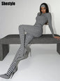 Plaid Bodycon Jumpsuit Women Turtleneck Fitness Clothing