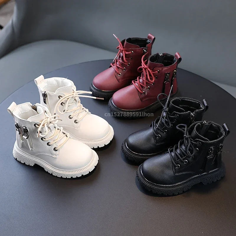 Burgundy PU Leather Ankle Boots for Kids