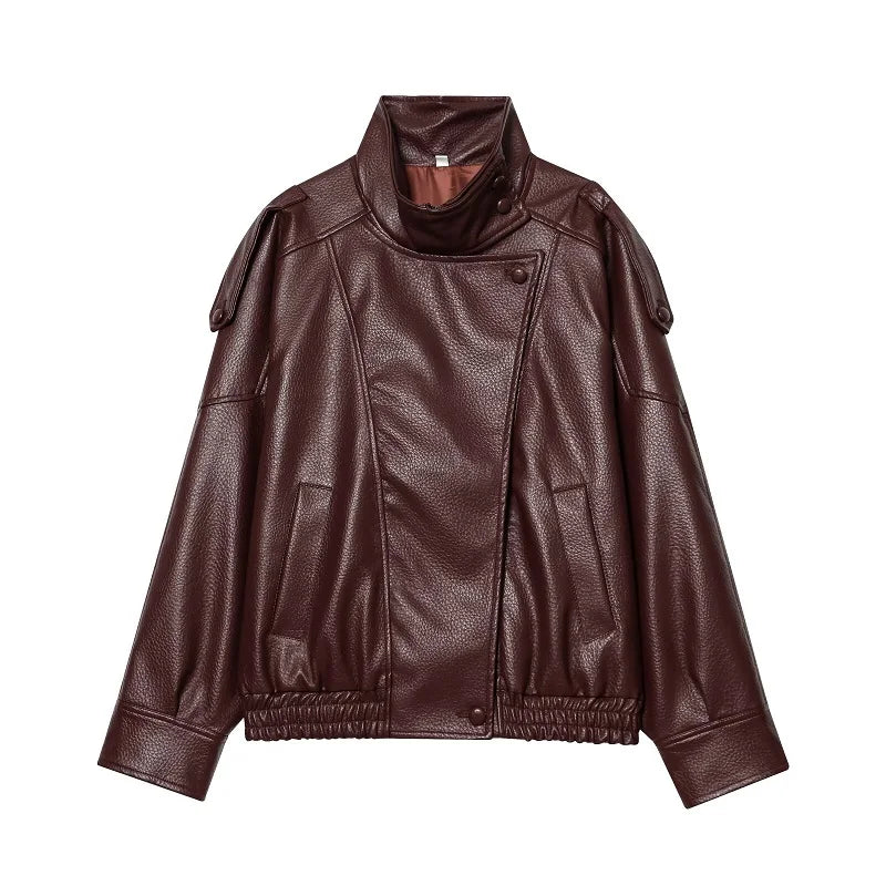 Faux Leather Oversize Bomber Jacket for Women