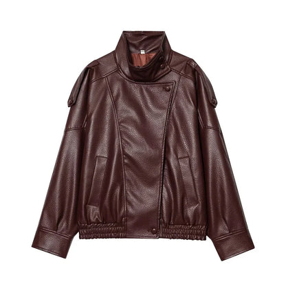 Faux Leather Oversize Bomber Jacket for Women