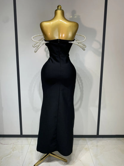 Women V Neck Maxi Bandage Dress with Pearls