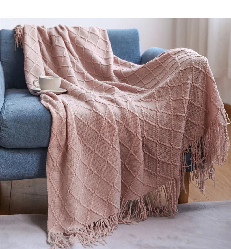 Khaki Knitted Acrylic Blanket with Tassels