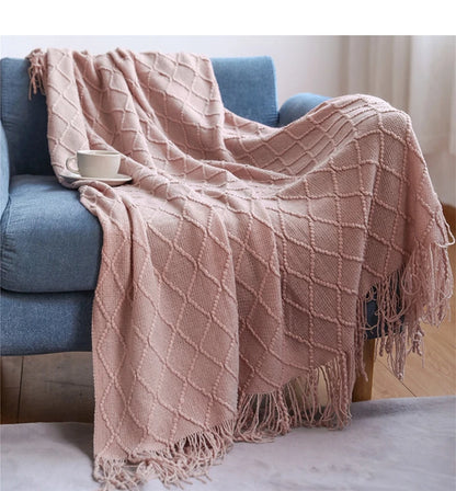 Khaki Knitted Acrylic Blanket with Tassels