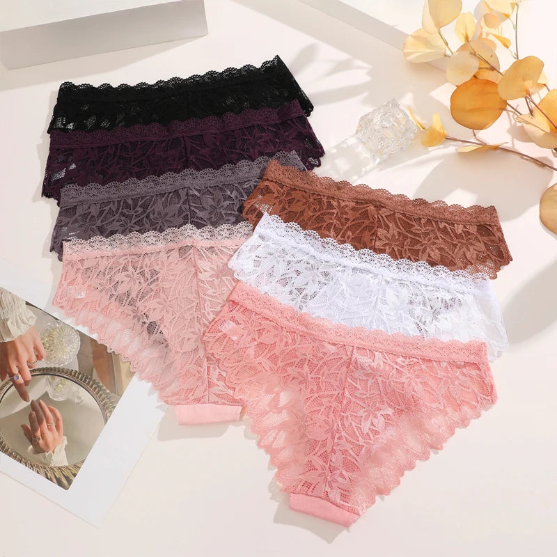 Lace Hollow Out Low-Waist Floral Briefs for Women