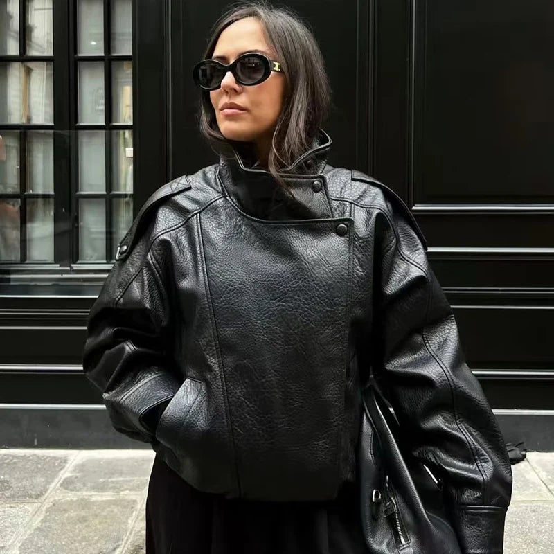 Women's Black Leather Bomber Jacket Zip-Up