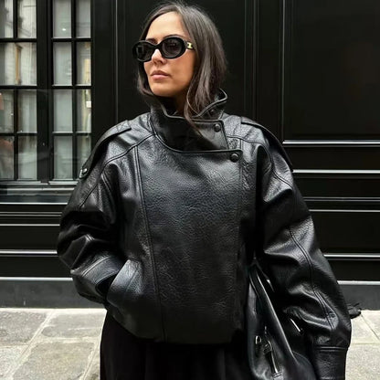 Women's Black Leather Bomber Jacket Zip-Up
