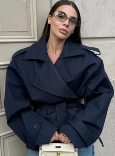Lapel Lace Up Trench Coat Women Casual Long Sleeve
