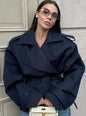 Lapel Lace Up Trench Coat Women Casual Long Sleeve
