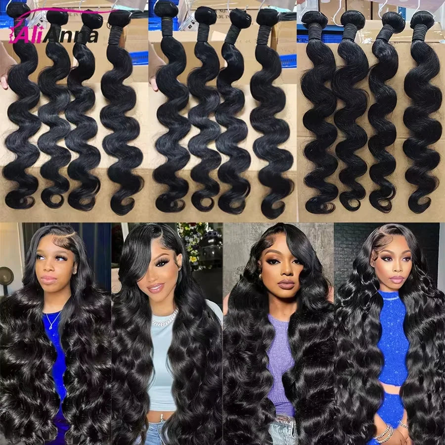 Body Wave Human Hair Bundles With Closure Natural Black