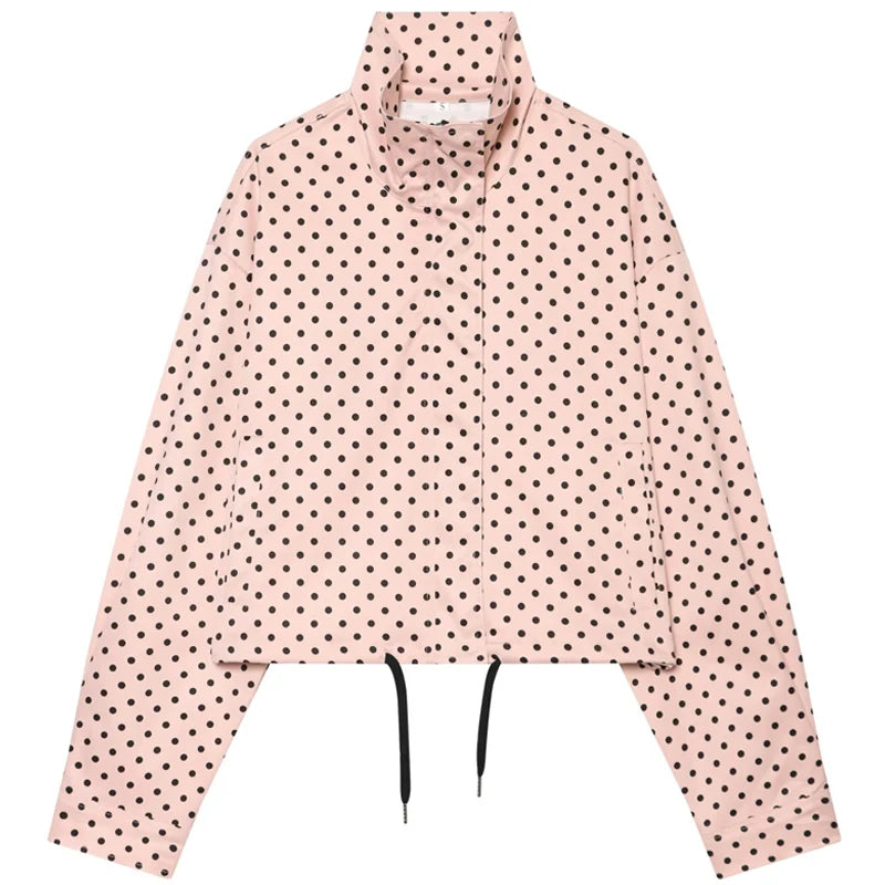 Polka Dot Bomber Jacket Women's Zip Up Crop Coat