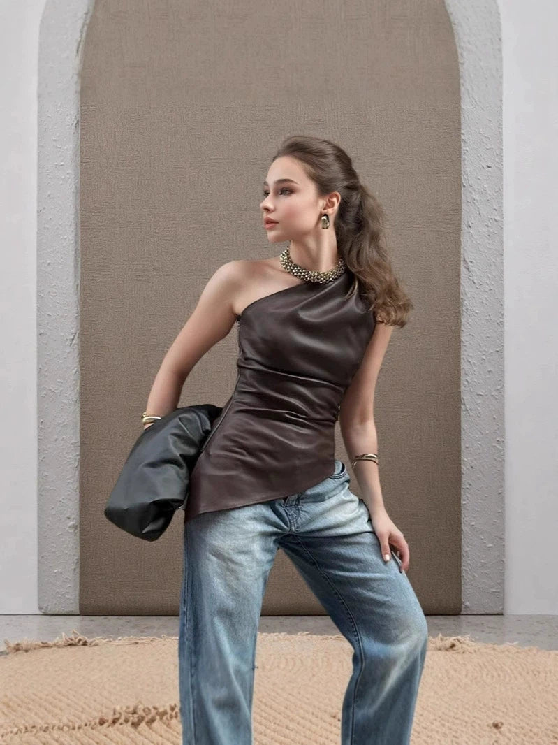 Slim Sleeveless One-Shoulder Zipper Jacket