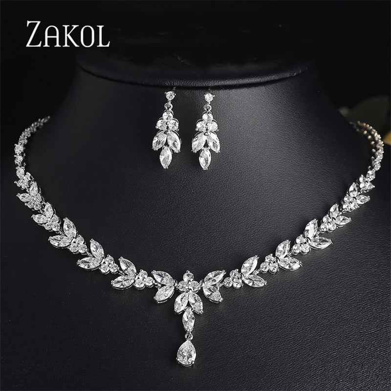 ZAKOL Brilliant Zirconia Leaf Jewelry Set for Women