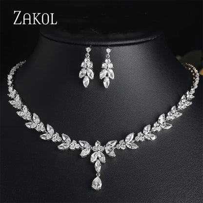 ZAKOL Brilliant Zirconia Leaf Jewelry Set for Women