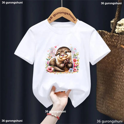 Kawaii Otter Love Printed T-Shirt for Kids