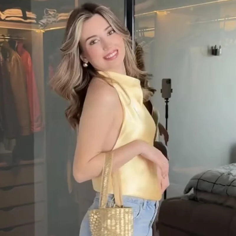Halter Satin Backless Corset Top for Women in Yellow Pink Black
