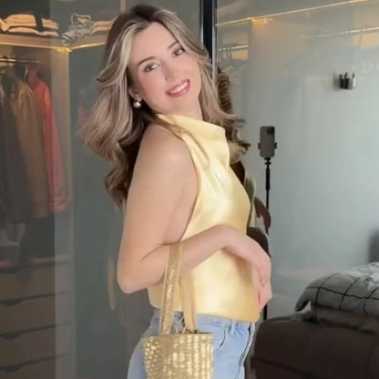 Halter Satin Backless Corset Top for Women in Yellow Pink Black