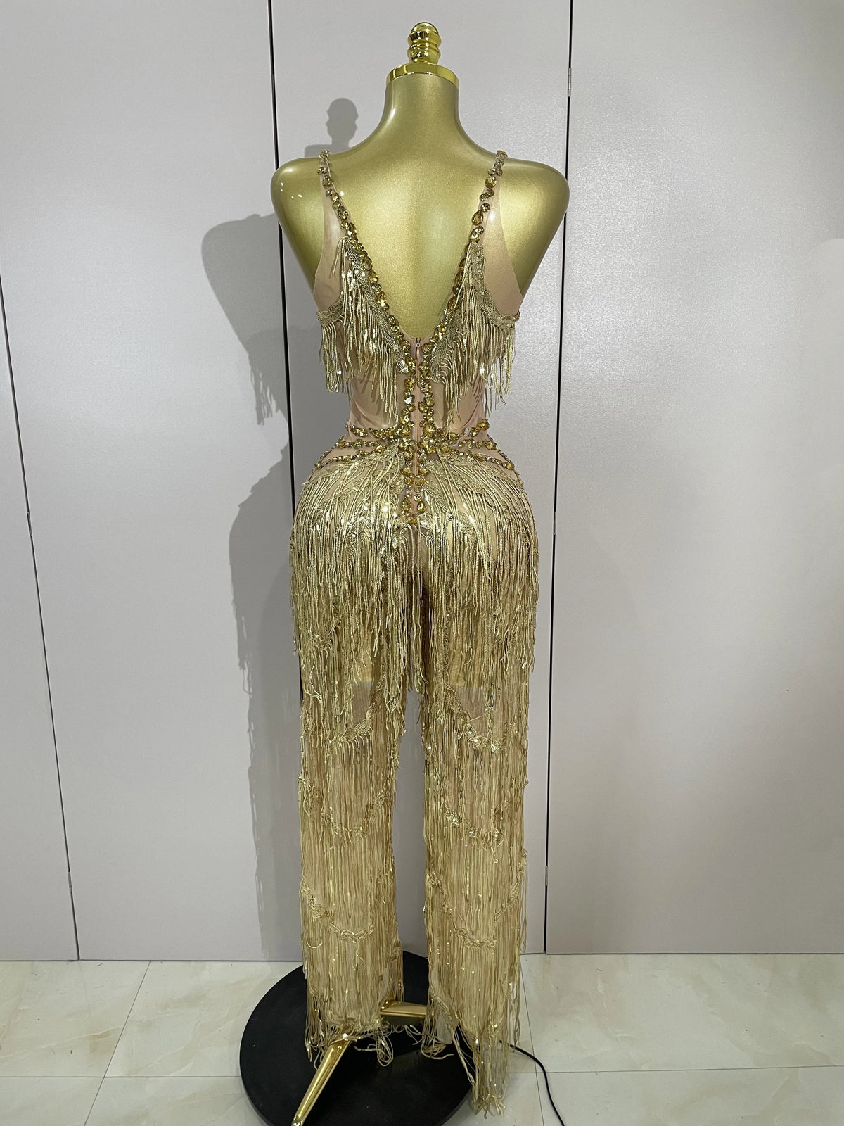 Sparkly Black Rhinestone Fringe Jumpsuit for Women