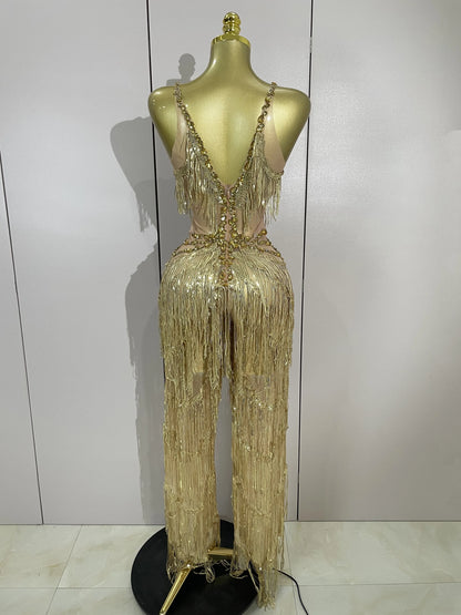 Sparkly Black Rhinestone Fringe Jumpsuit for Women