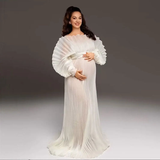 Pleated Organza Maternity Dress for Photoshoot White
