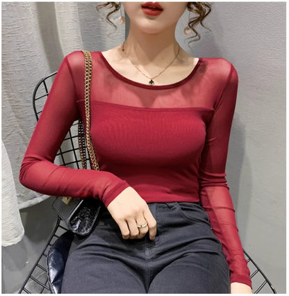 Women Slim Fit Long Sleeve Mesh T-Shirt