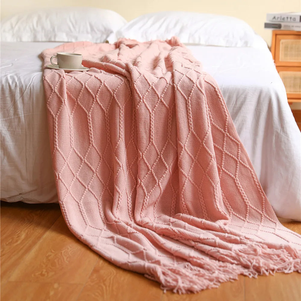 Khaki Knitted Acrylic Blanket with Tassels