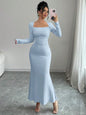 Elegant Retro Solid Color Square Collar Long Sleeve Dress
