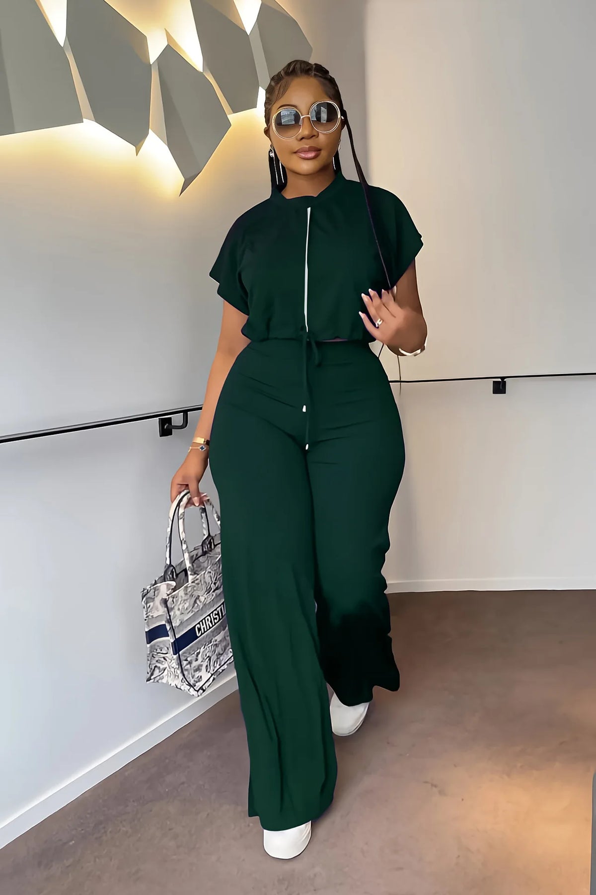 Women Casual Short Sleeve Drawstring Top and High Waist Pants Set