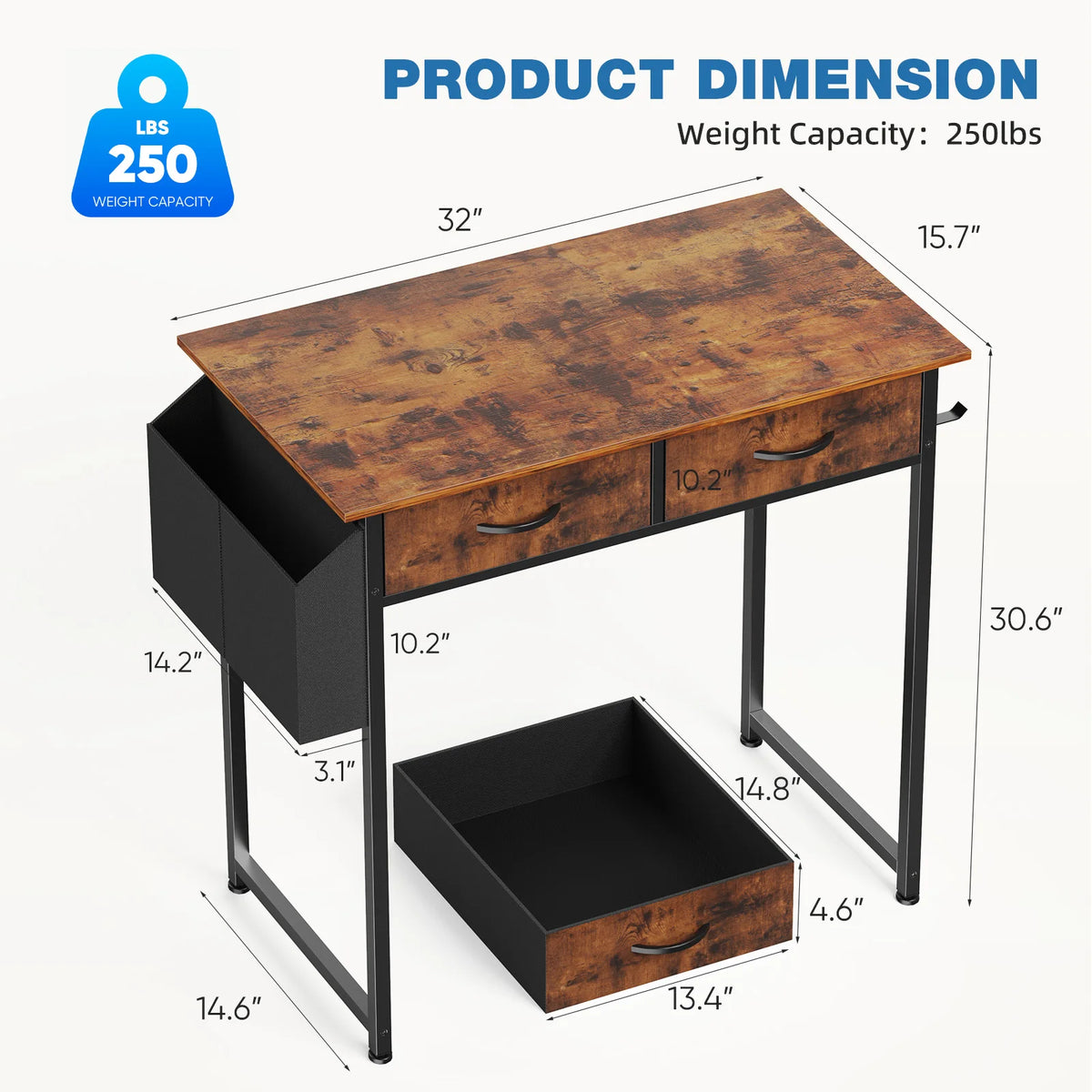 32 Inch Modern Office Desk with Fabric Drawers
